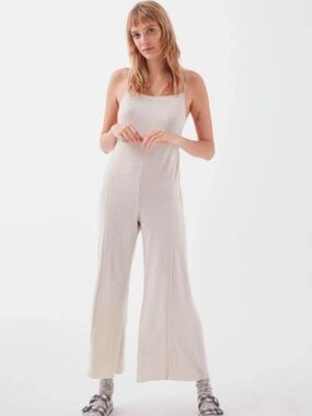 Urban Outfitters Cream Ribbed Wide-Leg Jumpsuit